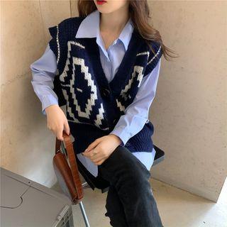 Plain Long-sleeve Shirt / V-neck Button-up Knit Vest