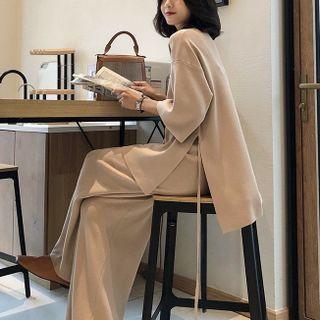 Set: Plain Slit Knit Top + Wide-leg Pants