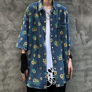 Couple Matching Short Sleeve Daisy Print Denim Shirt
