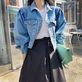 Puff-sleeve Cropped Denim Jacket Blue - One Size