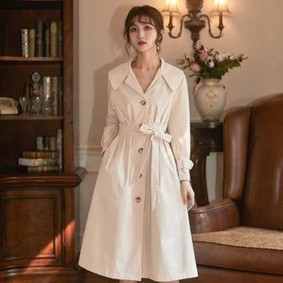 Plain Single-breasted Trench Coat With Sash