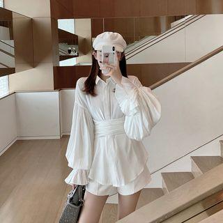 Puff-sleeve Plain Bow-accent Blouse White - One Size