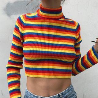 Long Sleeve Mock Neck Striped Crop Sweater