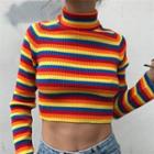 Long Sleeve Mock Neck Striped Crop Sweater