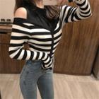 Cold-shoulder Stripe Buttoned Cardigan Stripes - Black & White - One Size