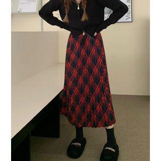 Plaid Pleated Midi A-line Skirt Red - One Size