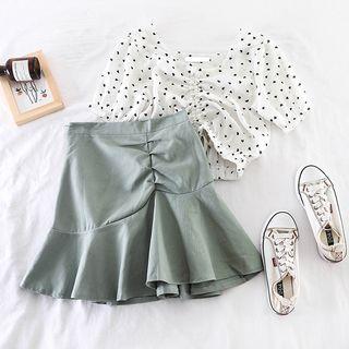 Set: Heart Print Blouse + Ruffle-trim Skirt