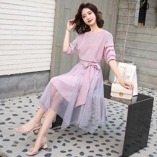 Set : Elbow-sleeve Top + Mesh Panel Midi Skirt