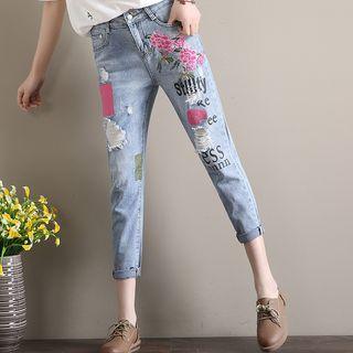 Cropped Ripped Floral Embroidered Skinny Jeans