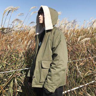 Furry Trim Hooded Zipper Cargo Jacket