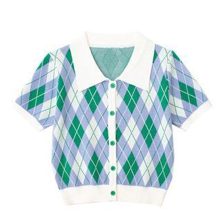 Short-sleeve Collared Argyle Cropped Cardigan