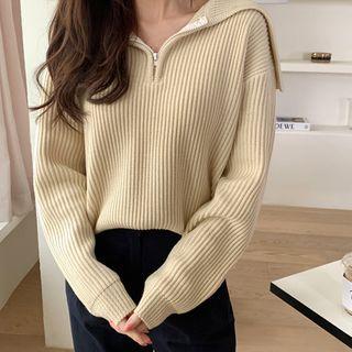 Wide-collar Zip-front Rib-knit Top Light Beige - One Size