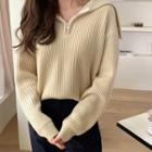 Wide-collar Zip-front Rib-knit Top Light Beige - One Size