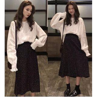 Eyelet Lace Blouse / Dotted Midi A-line Skirt