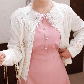Flower-embroidered Cable-knit Cardigan