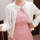 Flower-embroidered Cable-knit Cardigan