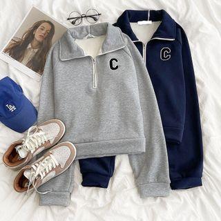 Long-sleeve Lettering Embroidered Half-zip  Sweatshirt