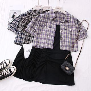 Set: V-neck Sleeveless Mini Dress + Short-sleeve Checker Jacket