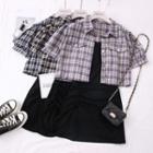 Set: V-neck Sleeveless Mini Dress + Short-sleeve Checker Jacket