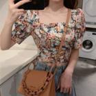 Puff-sleeve Floral Open Back Drawstring Blouse
