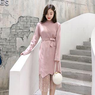 Set: Mock Neck Long-sleeve Knit Dress + Midi Lace Skirt