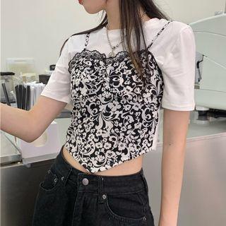 Set: Short-sleeve Plain T-shirt + Flower Print Camisole Top Set Of 2 - Black & White - One Size