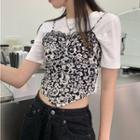 Set: Short-sleeve Plain T-shirt + Flower Print Camisole Top Set Of 2 - Black & White - One Size