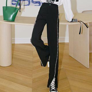 Faux Pearl Slit Straight Leg Pants
