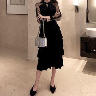 3/4-sleeve Mesh-panel Midi Tiered Dress