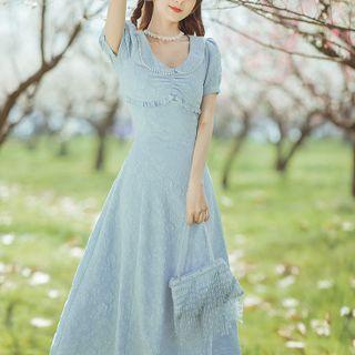 Puff-sleeve Floral Shirred Midi A-line Dress
