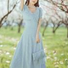 Puff-sleeve Floral Shirred Midi A-line Dress