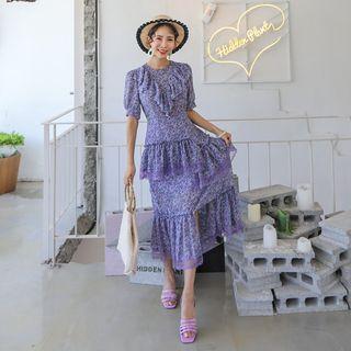Lace-trim Pattern Asymmetric-hem Dress