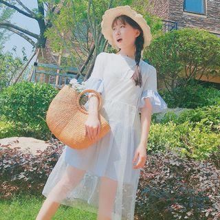 Set: Bell-sleeve Mesh Dress + Slipdress As Shown In Figure - One Size
