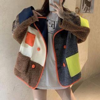 Color Panel Double Breasted Blazer Gray & Brown & Almond - One Size
