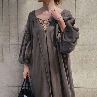 Long-sleeve Lace-up Maxi A-line Dress