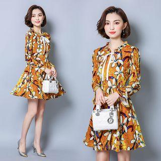 Floral Print Velvet Long-sleeve A-line Dress