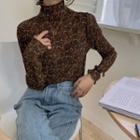 Long-sleeve Turtleneck Floral Print Slim-fit Top As Figure - One Size