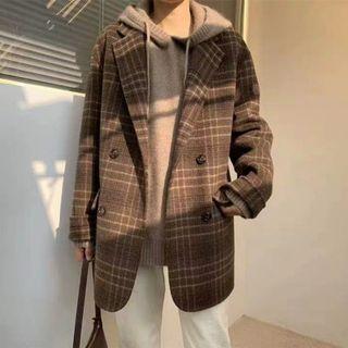Notch Lapel Plaid Double Breasted Woolen Coat