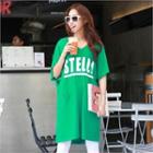 Hooded Elbow-sleeve Lettering Pullover Dress