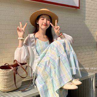 Spaghetti Strap Plaid Midi Dress / Ruffled Jacket