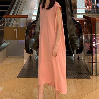 Short-sleeve Plain Crew-neck Loose-fit Open Back Midi Dress