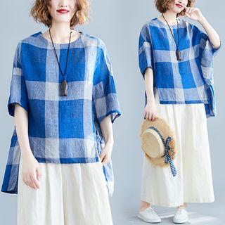 Plaid Elbow-sleeve T-shirt Plaid T-shirt - One Size