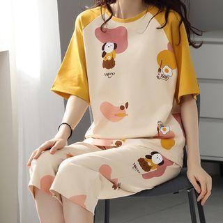 Loungewear Set : Short-sleeve Puppy Print Top + Capri Pants