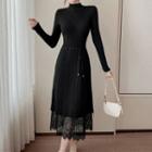Lace Panel Long-sleeve Knit Midi A-line Dress