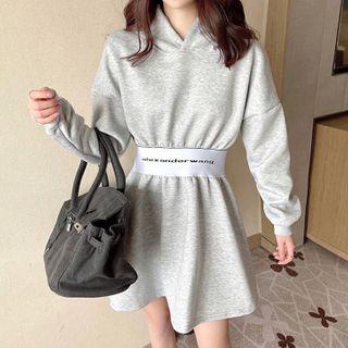 Hooded Long-sleeve Lettering A-line Sweatshirt Dress