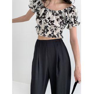 Puff-sleeve Floral Print Shirred Crop Top Red - One Size