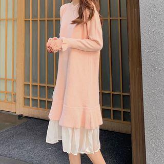 Chiffon Panel Long-sleeve Midi Knit Dress