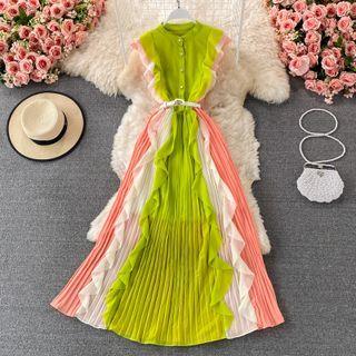 Sleeveless Color Block Pleated Maxi Dress