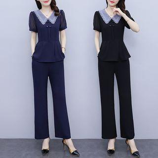 Set: Short-sleeve Lace Collar Chiffon Blouse + Dress Pants
