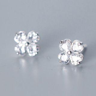 925 Sterling Silver Rhinestone Clover Earring 1 Pair - Silver - One Size